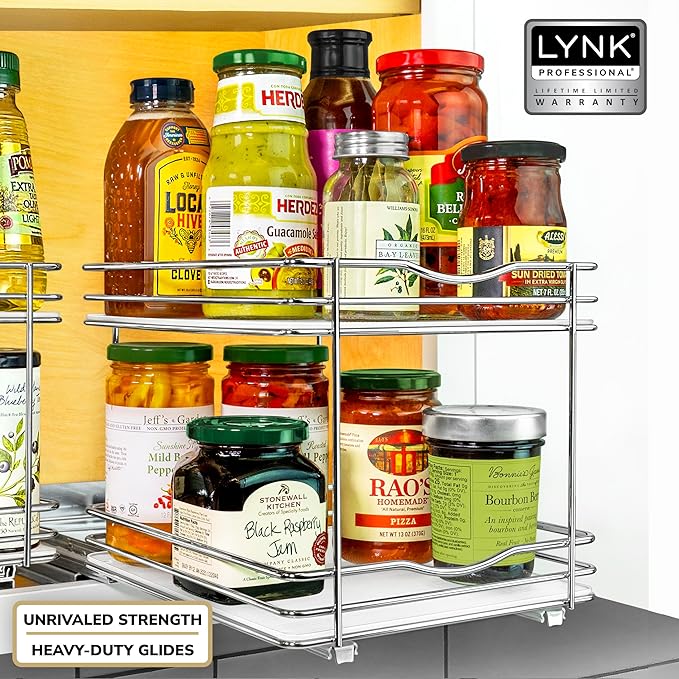 LYNK PROFESSIONAL® Pull Out Spice Organization for Cabinets - 8-3/8 inch Wide – Spice Rack for Inside Cabinets, Slide Out Spice Rack Organizer for cabinet – Pull Out Spice Rack, Sliding 2 Tier Chrome