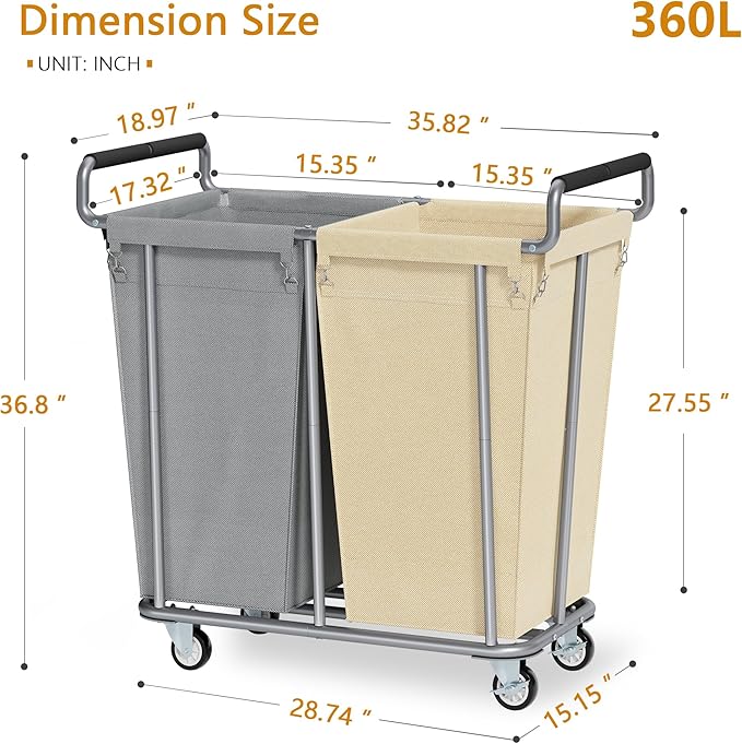 Gewudraw Large laundry hamper with Wheels, 2 Bag 360L Big Rolling Laundry Basket Sorter Cart, Extra Large Laundry Clothes Hamper, Heavy Duty Laundry Basket Organizer for Laundry Room,Bathroom