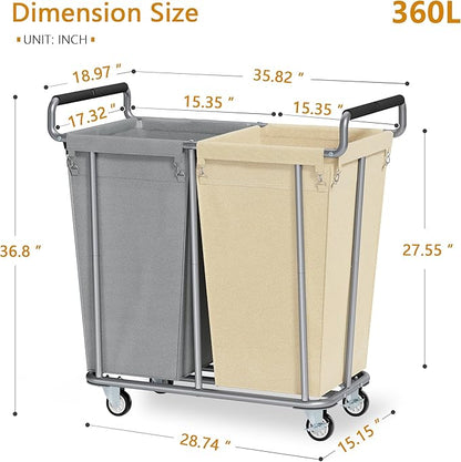 Gewudraw Large laundry hamper with Wheels, 2 Bag 360L Big Rolling Laundry Basket Sorter Cart, Extra Large Laundry Clothes Hamper, Heavy Duty Laundry Basket Organizer for Laundry Room,Bathroom