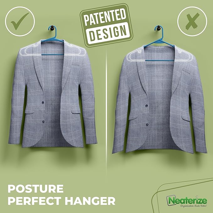 NEATERIZE Clothes Hangers Plastic 50 Pack for Adults - Plastic Hangers, The Perfect Coat Hanger and Space Saving Clothes Hangers for Closet, Percheros Ganchos para Colgar Ropa Hangars - Blue Hangers