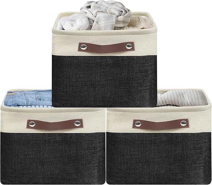 Simple Houseware 15" x 11" Large Fabric Storage Bin for Closet and Shelves, Leather Like Handles, 3 Pack, Black