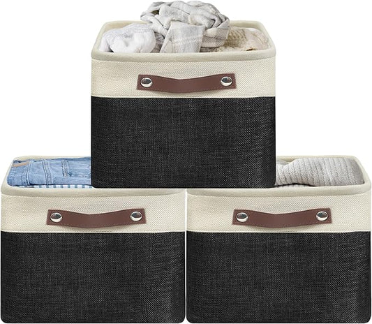 Simple Houseware 15" x 11" Large Fabric Storage Bin for Closet and Shelves, Leather Like Handles, 3 Pack, Black