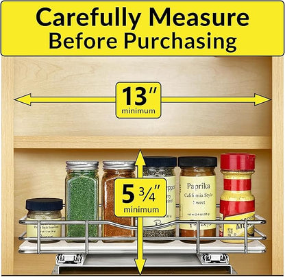 LYNK PROFESSIONAL® Pull Out Spice Organization for Cabinets - 12-3/8 inch Wide – Spice Rack for Inside Cabinets, Slide Out Spice Rack Organizer for cabinet – Pull Out Spice Rack, Sliding 1 Tier Chrome