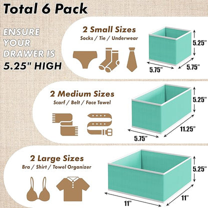 Simple Houseware Underwear Drawer Organizer for Lingerie/Undergarment/Bra/Panty/Sock/Onesie, Set of 6, Turquoise