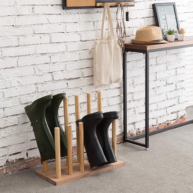 MyGift Natural Brown Wood Entryway Boot Rack Organizer Tall Boots Inverter Holder - Holds up to 6 Pairs
