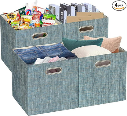 Posprica Storage Basket Bins,13×13×13 Foldable Storage Boxes Fabric Drawer Cubes for Closet Shelf Cabinet Bookcase - Set of 4,Teal