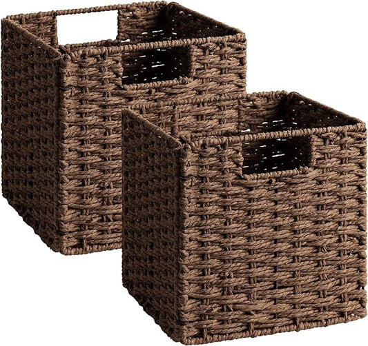 StorageWorks 9 inch Wicker Storage Cubes, Handwoven Wicker Baskets for Storage, Square Cube Organizer Bins, Foldable Paper Rope Basket for Organizing, Brown, 2 Pack