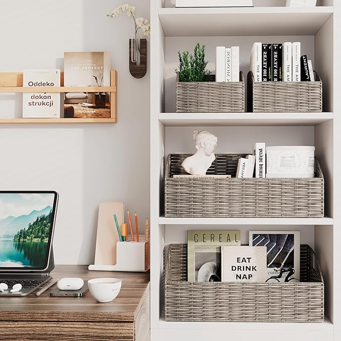 Rattan Storage Baskets, Handwoven Wicker Storage Bins with Built-in Handles, Storage Container Baskets for Shelves, Bedroom, Bathroom, Laundry Room or Kitchen(Grey)