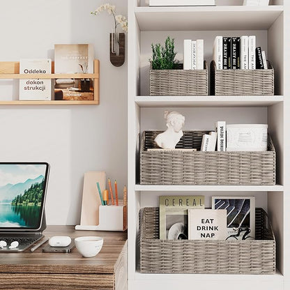 Rattan Storage Baskets, Handwoven Wicker Storage Bins with Built-in Handles, Storage Container Baskets for Shelves, Bedroom, Bathroom, Laundry Room or Kitchen(Grey)