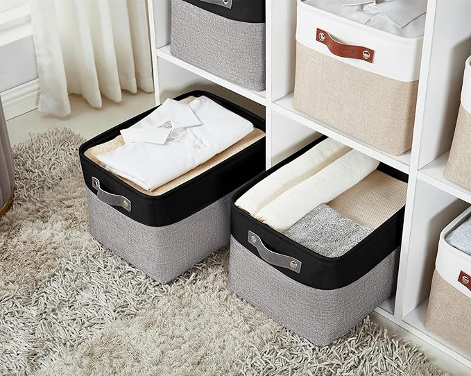 DECOMOMO Storage Bins, Large Fabric Storage Baskets for Shelves, Decorative Linen Closet Organizer, 15 x 11 x 9.5 inches (Grey & Black, 3 Pack)
