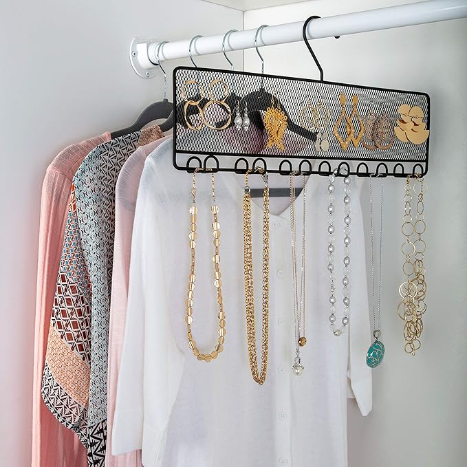 Simplify 12 Double Sided Jewelry Storage Hanger, Mesh Backing for Earrings, Hooks for Bracelets & Necklaces, Space Saver, Black, 26655-BLACK