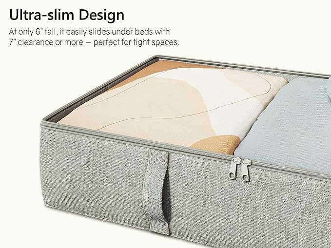 TidyCorner 2-Pack Under Bed Storage Containers, 8 Inches Tall Underbed Clothes Storage Organizer Bin with Sturdy Sidewalls/Bottom, Under the Bed Storage Bags 2 Storage Bins, Light Grey
