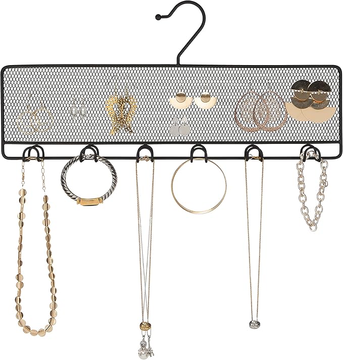 Simplify 12 Double Sided Jewelry Storage Hanger, Mesh Backing for Earrings, Hooks for Bracelets & Necklaces, Space Saver, Black, 26655-BLACK