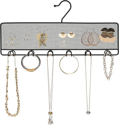 Simplify 12 Double Sided Jewelry Storage Hanger, Mesh Backing for Earrings, Hooks for Bracelets & Necklaces, Space Saver, Black, 26655-BLACK