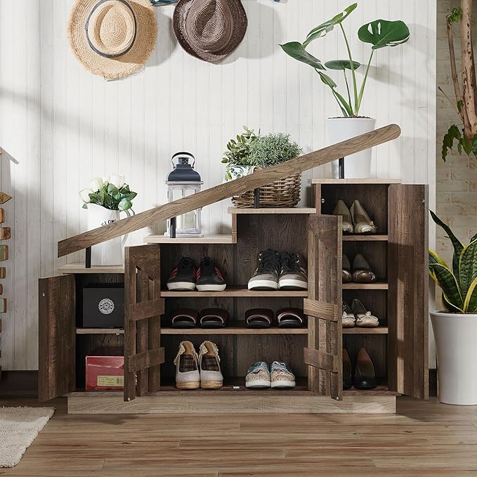 24/7 Shop at Home Cadence Farmhouse Hidden Shoe Cabinet Entryway, Hallway, Decorative Storage with Doors, Staircase-Style Enclosed Footwear Furniture, 12 Pair, 46 in. Width, Oak Brown
