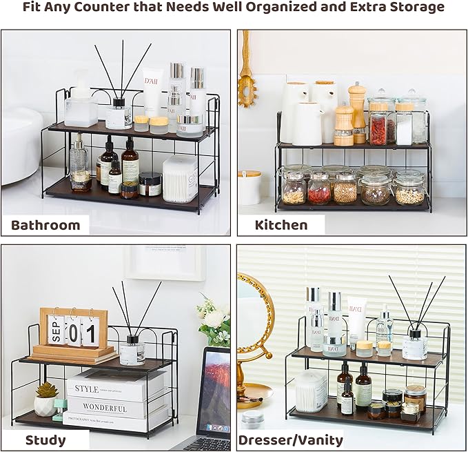 Edergoo Bathroom Counter Organizer 10s Tool-Free Install, 2 Tier Bathroom Organizers and Storage, Collapsible Bathroom Organizer Countertop, Wood Bathroom Kitchen Countertop Organizer, Black
