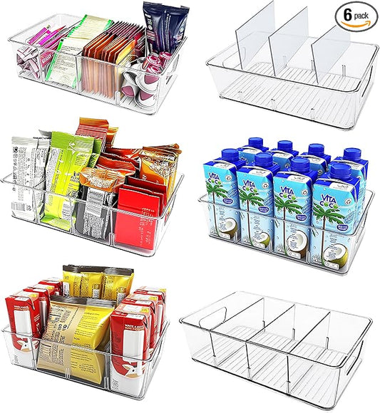 6-Pack Pantry Organizer Bins – Clear Storage Containers for Pantry, Kitchen, Fridge, Cabinet, or Shelf – Perfect for Snacks, Food, Drinks & Multi Purpose