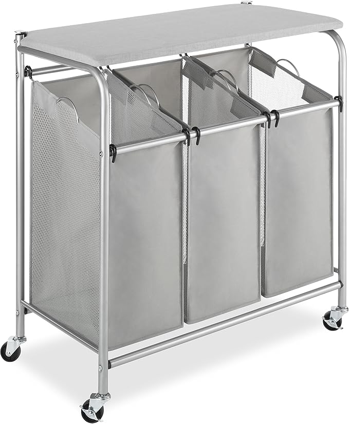 Whitmor 3 Section Rolling Laundry Sorter with Folding Station - Ironing Board, Chrome / Gray