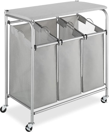 Whitmor 3 Section Rolling Laundry Sorter with Folding Station - Ironing Board, Chrome / Gray