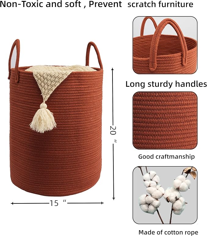 Woven Cotton Rope Laundry basket-15”X20” Laundry Hamper-Rope Storage Basket for Dirty Clothes, Toys and Blankets Perfect for Bathroom, Baby nursery and Living Room Storage (rustic)
