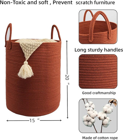 Woven Cotton Rope Laundry basket-15”X20” Laundry Hamper-Rope Storage Basket for Dirty Clothes, Toys and Blankets Perfect for Bathroom, Baby nursery and Living Room Storage (rustic)