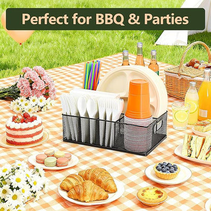 Metal Silverware Caddy for Countertop – 7 Compartment Paper Plate and Utensil Organizer with Side Handles – Cutlery Holder for Party, Buffet, Picnic, or Kitchen Table