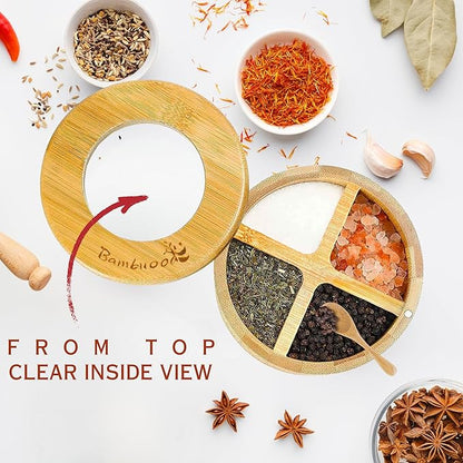 Premium 4 Compartments Salt & Spice Cellar with Spoon - Swivel Magnetic Lid for Convenient Seasoning Access - 100% Natural Bamboo - Elegant and Eco-Friendly Kitchen Accessory.