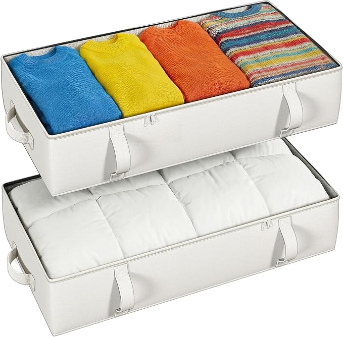 TidyCorner 2-Pack Under Bed Storage Containers, 8 Inches Tall Underbed Clothes Storage Organizer Bin with Sturdy Sidewalls/Bottom, Under the Bed Storage Bags 2 Storage Bins, Beige