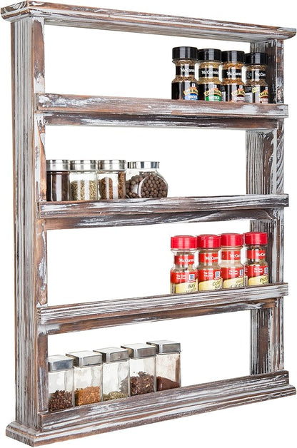 MyGift Wooden Spice Rack Wall Mount, Hanging 4 Tier Seasoning Jar Shelf Organizer, Condiment Storage for Kitchen, Pantry, Large Spice Organization, Vintage Rustic Torched