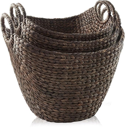 Casafield Set of 3 Multipurpose Boat Baskets with Handles - Espresso, Woven Water Hyacinth Storage Organizers for Throw Blankets, Bedroom, Laundry