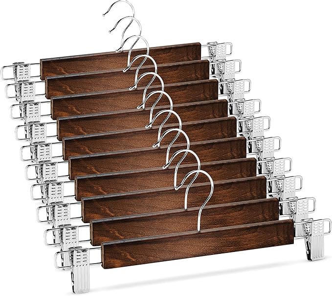 High-Grade Wooden Pants Hangers with Metal Clips Grip, Smooth Finish Solid Wood Jeans/Skirt Hanger, 360 Swivel Hook - Clip Hanger for Pant, Skirts, Slacks - 20 Pack, Vintage Wood