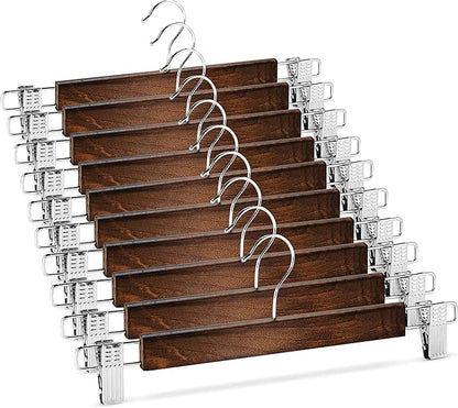 High-Grade Wooden Pants Hangers with Metal Clips Grip, Smooth Finish Solid Wood Jeans/Skirt Hanger, 360 Swivel Hook - Clip Hanger for Pant, Skirts, Slacks - 20 Pack, Vintage Wood
