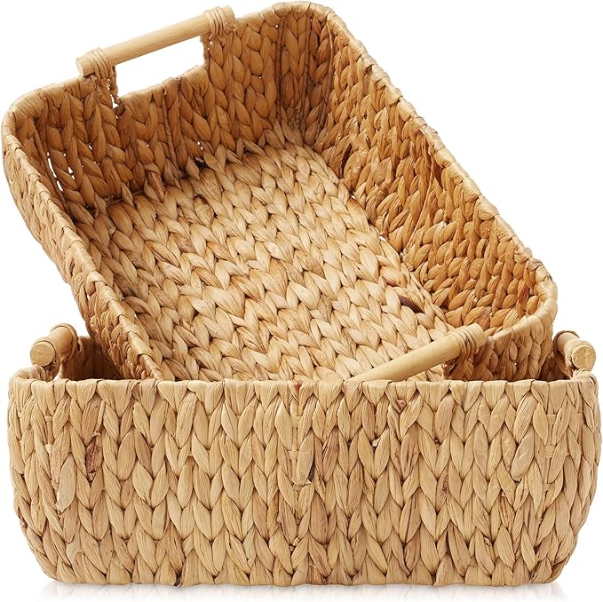 Casafield Set of 2 Water Hyacinth Oval Storage Baskets with Wooden Handles - Large, Woven Bin Organizers