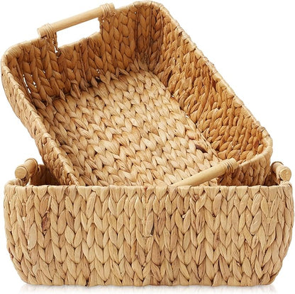 Casafield Set of 2 Water Hyacinth Oval Storage Baskets with Wooden Handles - Large, Woven Bin Organizers