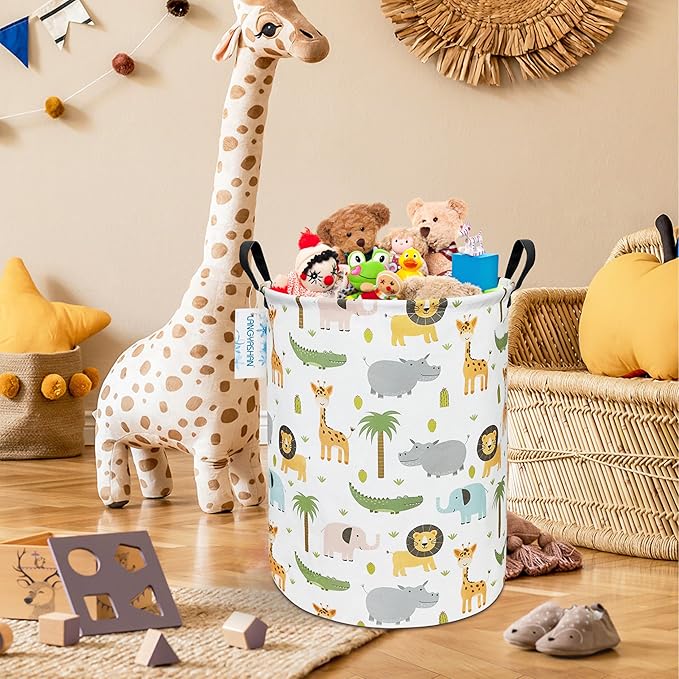 Laundry Basket Canvas Fabric Collapsible Organizer Basket for Storage Bin Toy Bins Gift Baskets Bedroom Clothes Children Nursery Hamper (Animal)