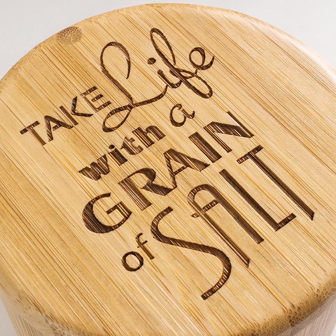 Totally Bamboo Salt Cellar Bamboo Storage Box with Magnetic Swivel Lid, 6 Ounce Capacity, "Take Life with a Grain of Salt" Engraved on Lid