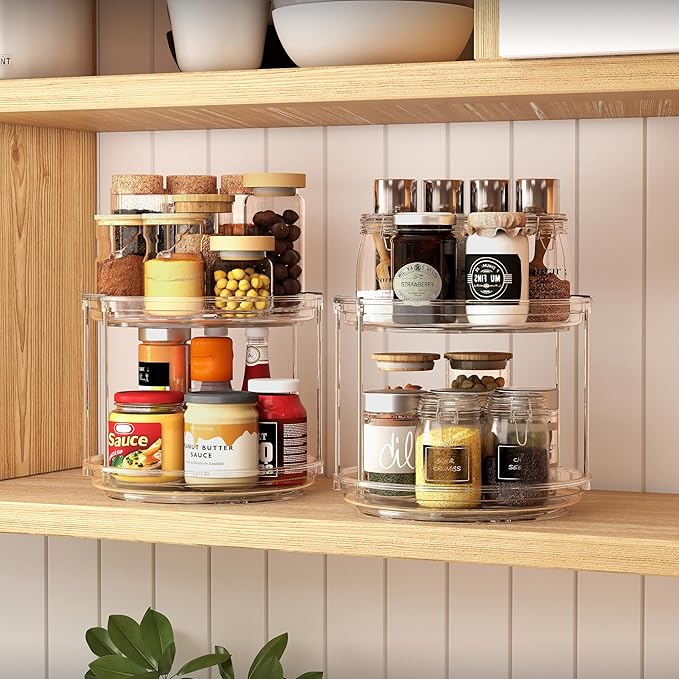 2 Pack 2 Tier Lazy Susan Turntable Organizer 9.25 inch, Rotating Spice Rack Organization for Cabinet, Bathroom, Pantry, Countertop, Kitchen, Vanity, Medicine Cabinet Organizer, Clear