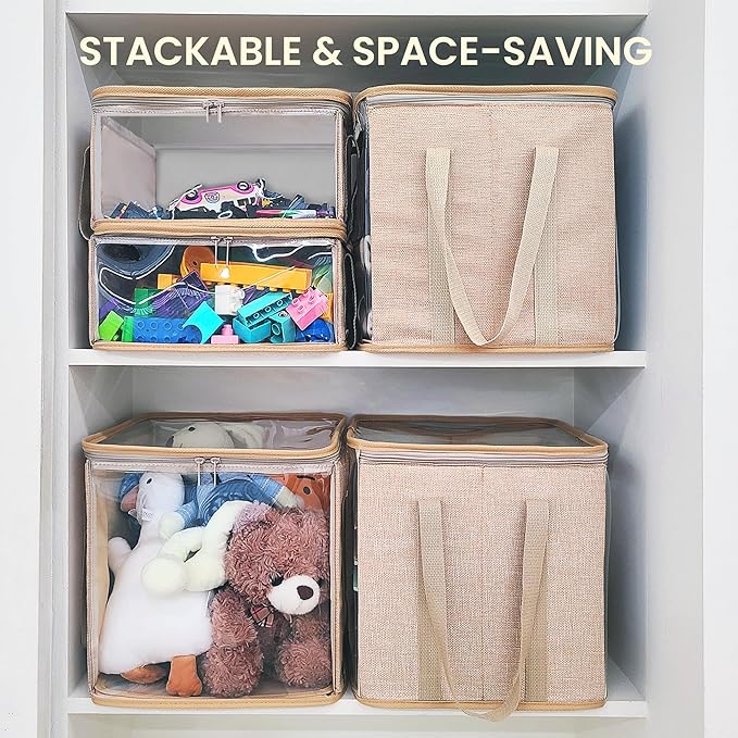 holay 2 Pack Foldable PVC Storage Bins with Transparent Lid & Handles, 12 x 12 x 6 Inch Organizer Boxes for Clothes, Toys & Books (Brown, Medium)