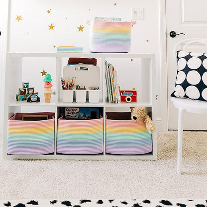 Pastel Rainbow Cotton Rope Baskets for Shelves, Set of 3-15"×10"×9½" - Colorful Storage Baskets for Kids - Nursery, Playroom, Classroom - Toy Storage, Books, Towels