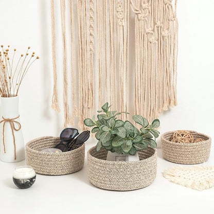 MINTWOOD Design Set of 3 Cotton Rope Nesting Bowls, Small Catch All Basket, Cute Closet Baskets and Bins for Shelves, Mini Table Basket Organizer for Small Accessories, Light Brown