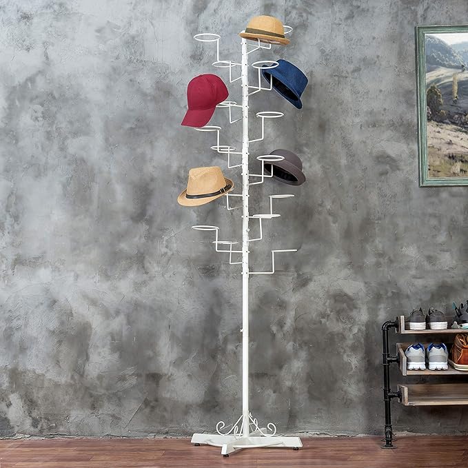 MyGift Hat Rack Stand, Cowboy Hat Display, Baseball Cap Organizer, Retail Wig Holder Storage with 20 Customizable Circular Hooks for Multiple Hats, Hat Tree Freestanding, White Metal