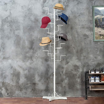 MyGift Hat Rack Stand, Cowboy Hat Display, Baseball Cap Organizer, Retail Wig Holder Storage with 20 Customizable Circular Hooks for Multiple Hats, Hat Tree Freestanding, White Metal