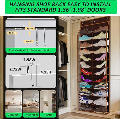 Kotkn 24-Pair Over Door Shoe Organizer for Family & Kids, Double Sided | Hanging Storage for Sneakers, Boots, Toys & Room Organization-Pearl Whitet-Walnut Brown