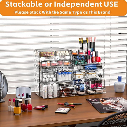 Acrylic Clear Makeup Organizer Countertop,Stackable Skincare Organizer for Vanity With 8 Drawers,Large Plastic Desk Accessories Organization,Bathroom Cosmetic Organizer Countertop for Beauty,Skin Care