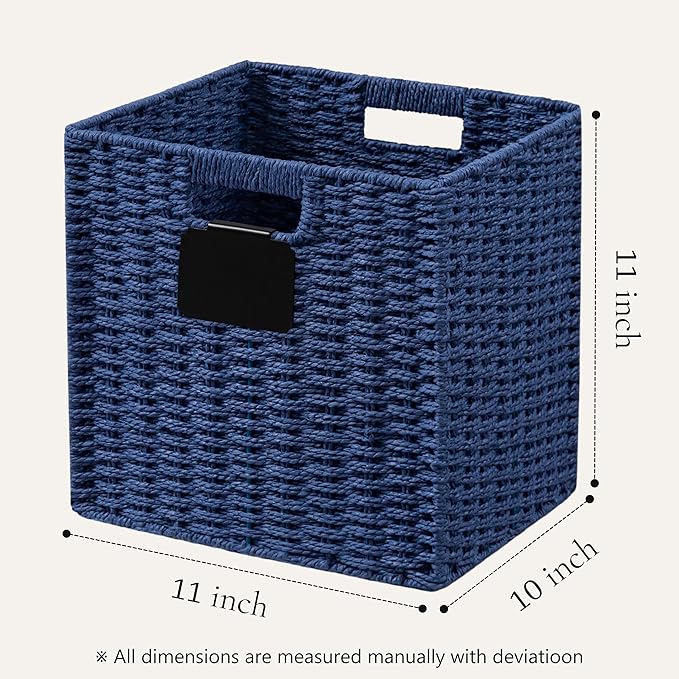 UBBCARE 2 Pack Wicker Basket, 10.5×10.5 Storage Cubes with Label, Foldable Cube Storage Bin with Handle, Square Storage Basket for Shelves, Woven Paper Rope Basket for Organizing, Blue
