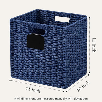 UBBCARE 2 Pack Wicker Basket, 10.5×10.5 Storage Cubes with Label, Foldable Cube Storage Bin with Handle, Square Storage Basket for Shelves, Woven Paper Rope Basket for Organizing, Blue