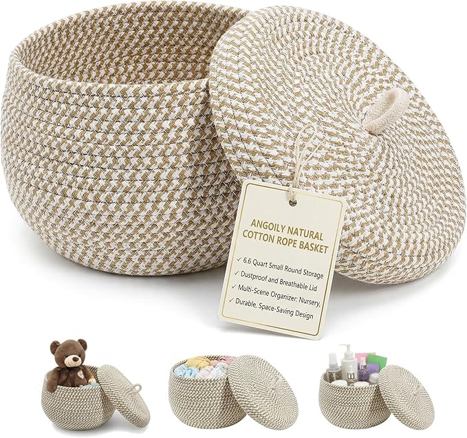 Angoily Storage Basket, 6.6 Quarts Woven Cotton Rope Basket with Lid, 1.6 Gal Small Round Decorative Storage Organizier Bin Box for Nursery, Living Room, Blanket, Home Decor, Bedroom