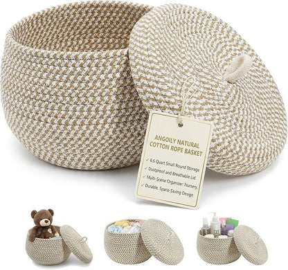 Angoily Storage Basket, 6.6 Quarts Woven Cotton Rope Basket with Lid, 1.6 Gal Small Round Decorative Storage Organizier Bin Box for Nursery, Living Room, Blanket, Home Decor, Bedroom