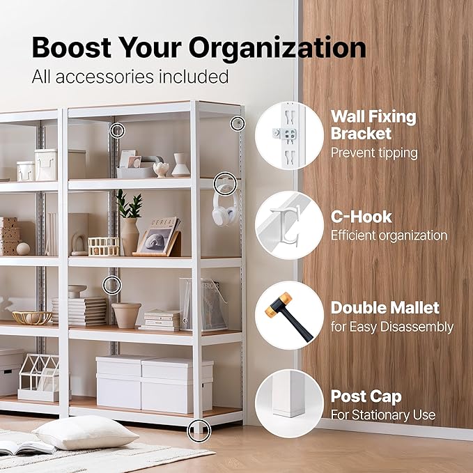 HOMEDANT House 36.2" W 5 Tier Heavy Duty Garage Shelving Adjustable Metal Rack Storage Shelves Standing Shelf Unit Organizers Pantry Closet Office White 2Pack