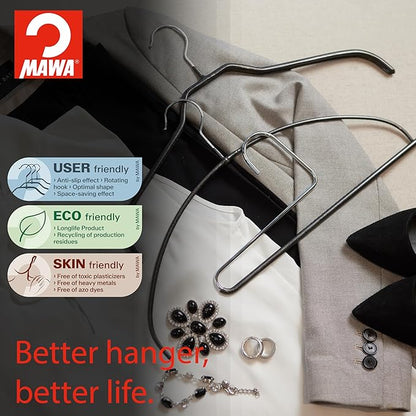 Mawa by Reston Lloyd Reverse Hook Trouser Series Non-Slip Space-Saving Clothes Hanger with Single Rod for Pants, Style KH/35U, 1-Each, Black